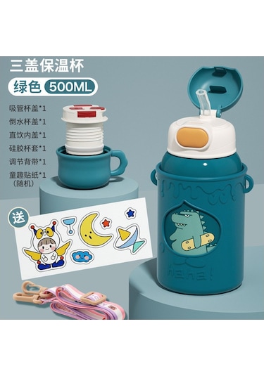 Sevimli Desenli Çocuk Termos Bardağı, Silikondan Yapılmış Güvenli Kapak, Pipetli Ve Sızdırmaz Su Matarası, Renkli Ve Şık Tasarım, Çocuklar İçin Pratik İçecek Kabı Yeşil