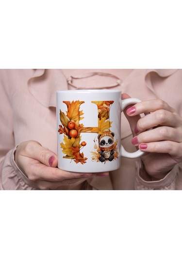 H Harf Sonbahar Yaprak Temalı Kupa Bardak - Sevimli Figürler İle Alfabe Harfli Bardak - Kişiye Özel Beyaz