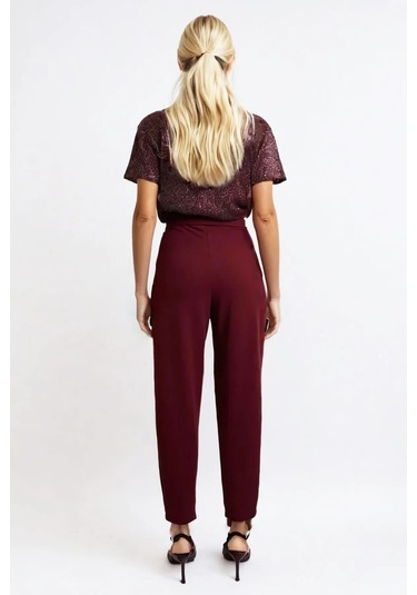 Çift Düğmeli Havuç Model Bilek Boy Kadın Kumaş Pantolon Bordo