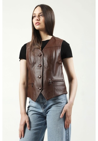 Dericlub Dc-001 Hakiki Deri Kadın Yelek Kahverengi