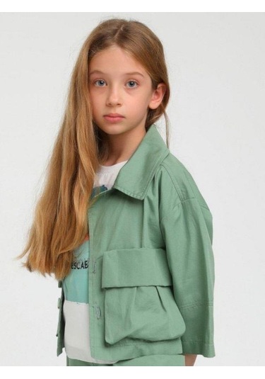 Kız Çocuk Erkek Yaka Cepli İki Düğmeli Ceket-15124 Yeşil