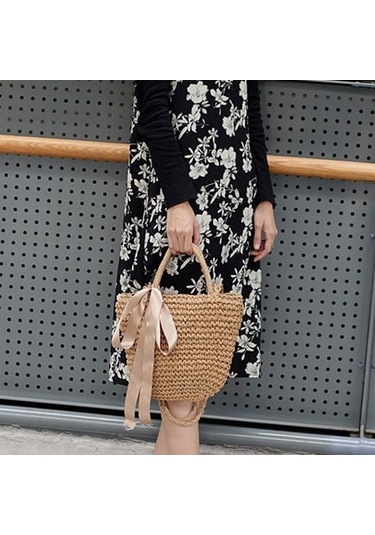 Novahub Kahve El Yapımı Hasır Çanta Kurdelalar 32cmx26cm Plaj Örgü Tote Çanta Omuz Çantası Kahverengi