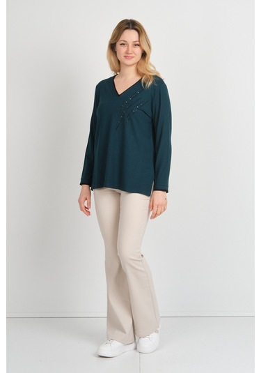 Detay Triko Kadın V Yaka Taş İşlemeli Uzun Kol Anne Bluz 5751 Yeşil Yeşil