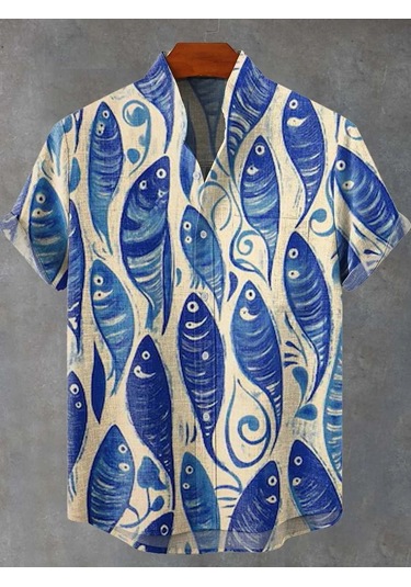 Snapbuy Retro 3d Sanat Baskılı Çizgili Balık Desen Keten Erkek Gömlekfildişi Fildişi