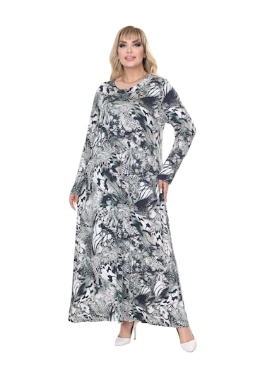 Melsay Butik Gri Yeşil Timsah Desen Uzun Kollu Kadın Tesettür Elbise Gri