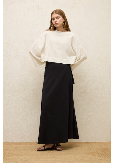 Manuka Pamuklu Geniş Kol Crop Bluz Ekru