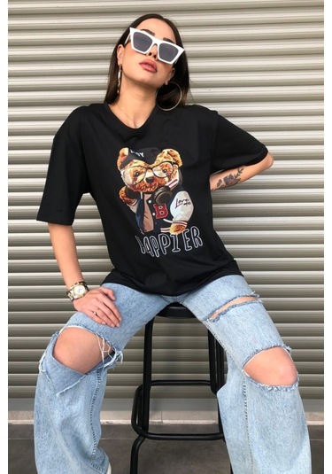 Modagen Kadın Happier Oversize Baskılı Siyah T-shirt Hp Siyah