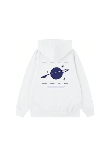 Saturn Cosmos %100 Pamuk Sweatshirt - Beyaz Baskılı Oversize Kışlık İçi Polarlı Kapüşonlu Beyaz
