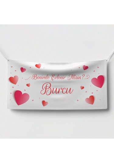 Beyaz Kalp Temalı Benimle Evlenir Misin Afişi 200x100 Cm