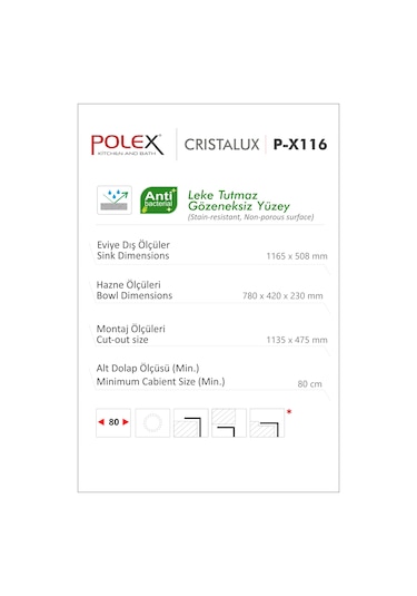 Polex Cristalüx Granit Evye P-X116 Antrasit 2 Hazneli Tezgah Altı Ve Tezgah Üstü Mutfak Evyesi 116.5x50.8 CM