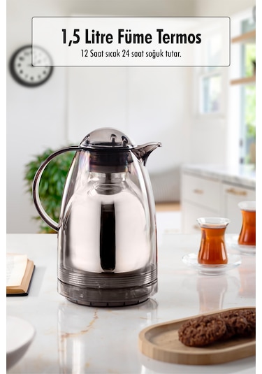 1.5 Lt Isı Yalıtımlı Çay Ve Soğuk Su Termosu Füme 12 Saat Sıcak Tutar& İçi Camdır Diğer