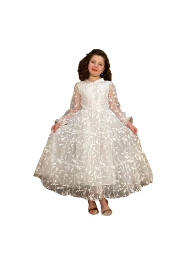 Riccotarz Kız Çocuk Kolları Ve Yakası Şeffaf Tüllü Ve Yaprak Detaylı Beyaz Elbise Beyaz