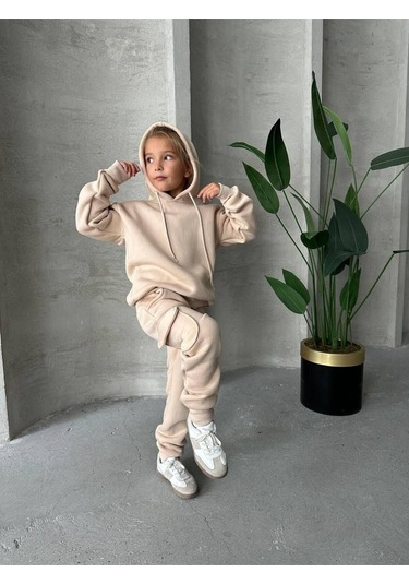 Üç İplik Kapüşonlu Şardonlu Takım Kahverengi - Beyaz