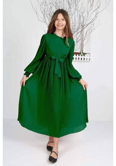 Kız Çocuk Uzun Boydan Pliseli Şifon Elbise Zümrüt