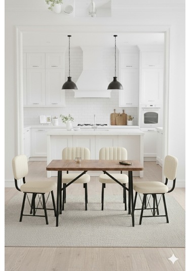 Elfin 70x110cm Sabit Atllantik Yemek Masası, Yemek Masası Takımı, Mutfak Masası, 4 Krem Sandalye Krem