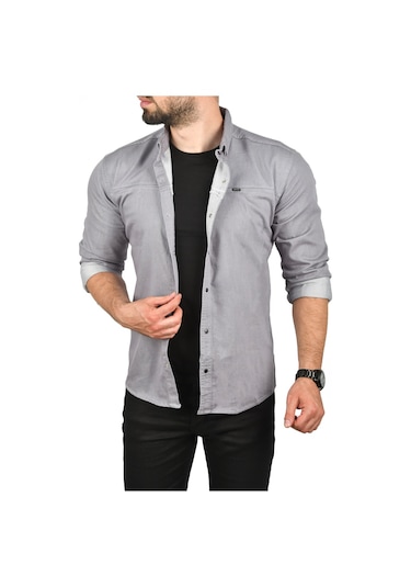 Deepsea Erkek Gri Dar Kesim Çıt Çıt Düğmeli Pamuklu Kot Gömlek Likralı Spor Gömlek 2300412 Gri