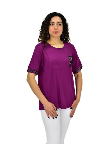 Caftan Kadın Kısa Kol Taşlı Bluz Bgl-st04709 Mor
