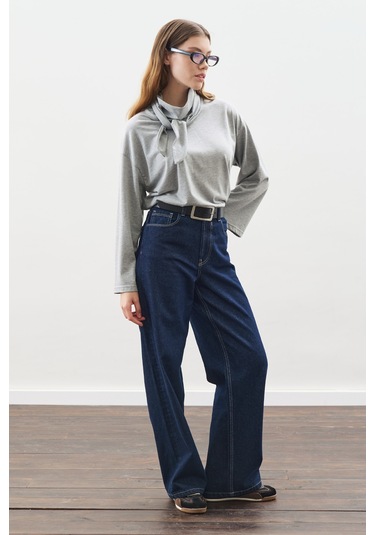 Yüksek Yaka Bağlamalı Bluz Gri Melanj Gri Melanj