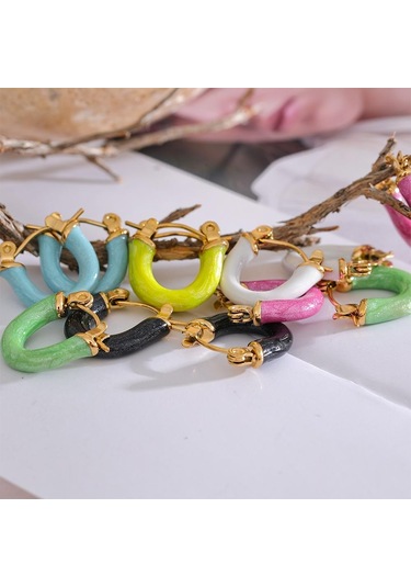 Siyah Eetit 6 Renk Şeker Renkli Emaye Paslanmaz Çelik U Şekli Içi Boş Küçük Halka Küpe Sevimli Şık Trendy Takı Hediye 2023 Siyah