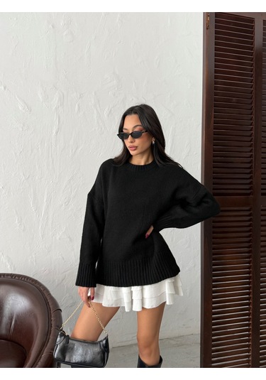 Kadın Yumuşak Dokulu Bisiklet Yaka Oversize Basic Triko Kazak Siyah