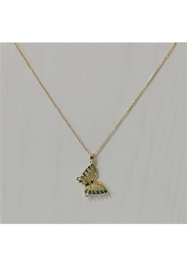 Çelik Bayan Kolye Zirkon Yeşil Taşlı Kelebek Altın Renk Çelik