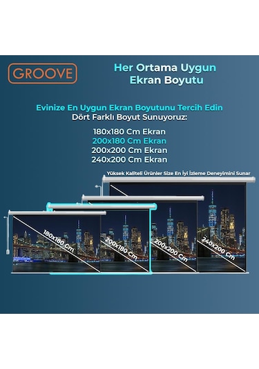 Groove Vizio Pro 200x180cm Blackout Işık Geçirmez Elektrikli Otomatik Kumandalı Projeksiyon Perdesi +motorlu+canlı Renkler+göz Koruması+leke Tutmaz Projector