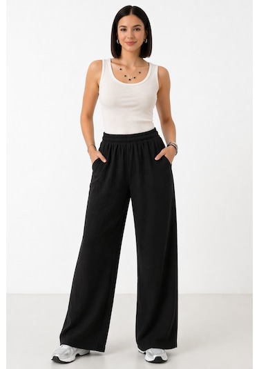 Trend Alisse Beli Lastikli Cepli Bol Paça Kadın Pantolon Siyah