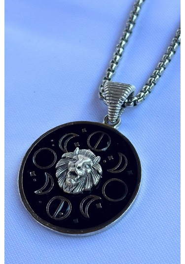 Aslanlı Ayın Evreleri El İşçiliği Paslanmaz Çelik Zincir Erkek Kolye Gümüş