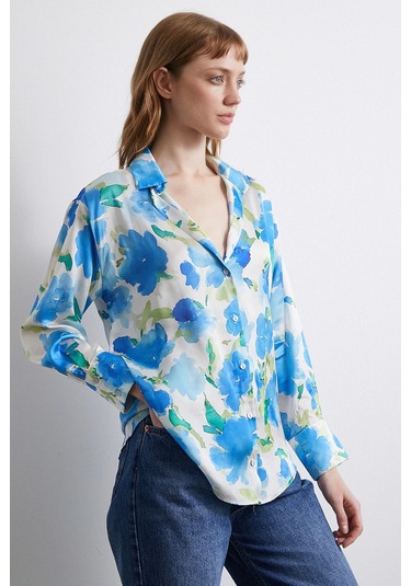 Çok Renkli Çiçek Desenli Gömlek Lacivert Lacivert