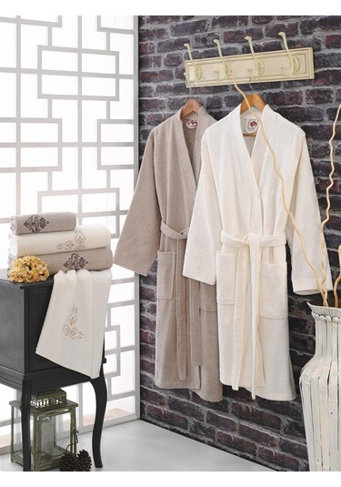 Cotton Box Nakışlı Aile Bornoz Seti - Krem Toprak