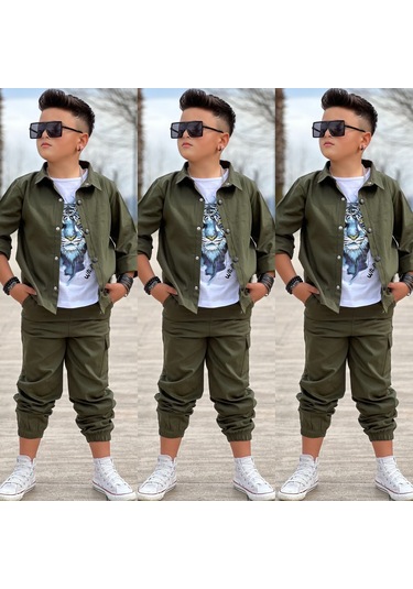 Modavals Gabardin Gömlek Kargo Cep Pantolon Ve Kaplan Baskılı Tshırt 3 Parça Erkek Çocuk Takım Haki