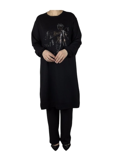 Kadın Önü Desenli Kristal İki İplik Büyük Beden Tunik Siyah