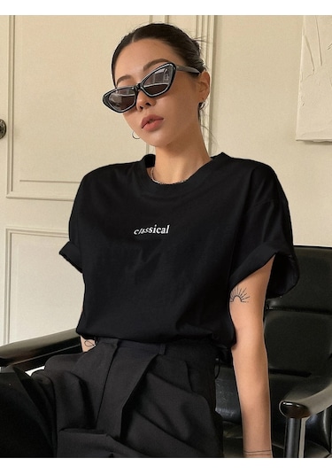 Kadın Siyah Oversize Classical Baskılı Örme T-shirt Siyah