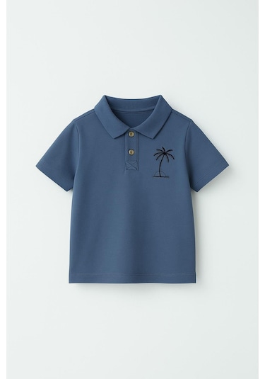 Erkek Çocuk Palmiye Nakışlı Polo Yaka Tişört 3-4 Yaş 8-9 Yaş Lacivert