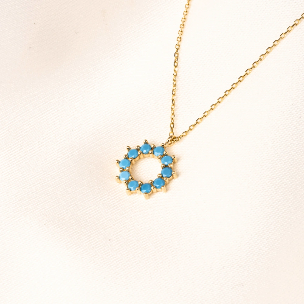 Gümüş Kolye - Yuvarlak Firuze Turkuaz Taşlı 925 Ayar Gümüş Kolye Sarı