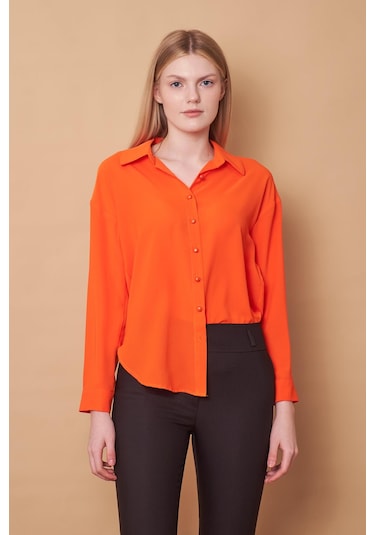 Kadın Yakalı Düşük Omuzlu Uzun Kol Likrasız Kumaş Gömlek-oranj Oranj