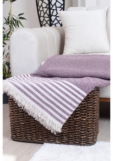 Pamuklu Püsküllü Elmas Desenli Koltuk Örtüsü 170x210 Cm Dekoratif Kanepe, Yatak Ve Tv Örtüsü Bordo