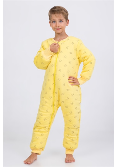 Kız Erkek Çocuk Kalın Elyaf Dolgulu Premium Kalite 2.5 Tog Desenli Uyku Tulumu Sarı - Siyah