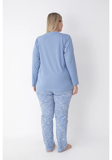 Senfoni Kadın Büyük Beden Düğmeli Yaka Uzun Kol %100 Pamuk Pijama Takımı 6068 -1 Adet Mavi