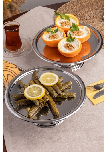 2'li Gümüş Yuvarlak, Ayaklı Şık Kek, Pasta, Kurabiye Ve Tatlı Servis Sunum Standı Gümüş