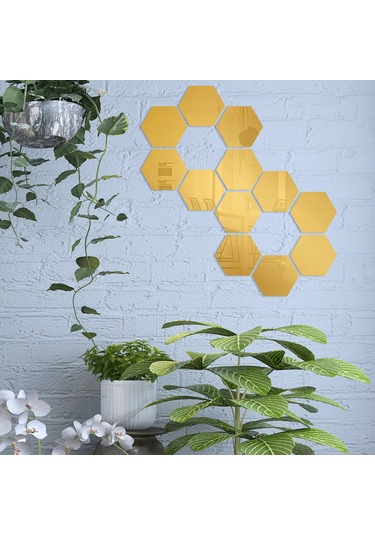 Jeehugo 24 Adet Altıgen Akrilik Ayna Duvar Sticker - Ev Dekoru Dıy, Çocuk Odası/yatak Odası/banyo Uygun, Altın Renk, 10x8.5x5cm, Kolay Kurulum Altın