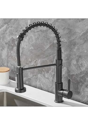 İsaoğlu Yapı Siyah Mutfak Bataryası Siyah Endüstriyel Evye Musluğu Mat Siyah Spiralli Uzayan Sistem Batarya Siyah