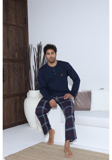 Lukitus Sıfır Yaka Düğmeli Pamuklu Erkek Pijama Takımı Lacivert Byrz70015-l Lacivert