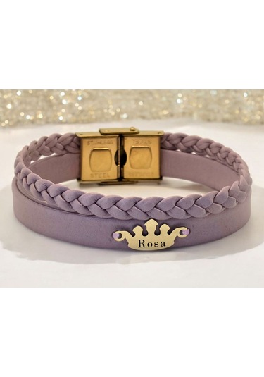 Archin Rosa İsmine Özel 14 Ayar Altın Plakalı Doğal Mor Derili Taç Figürlü Hediye Bileklik-637isim Rosa