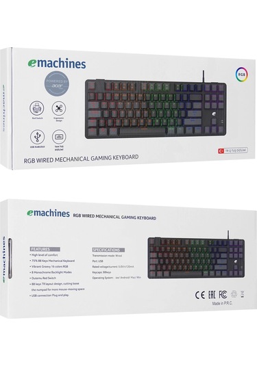 Acer Emachines, Eak87, Siyah/gri, Usb Kablolu, Rgb Backlight, Red Switch, Mekanik, Türkçe Q, 87 Tuşl