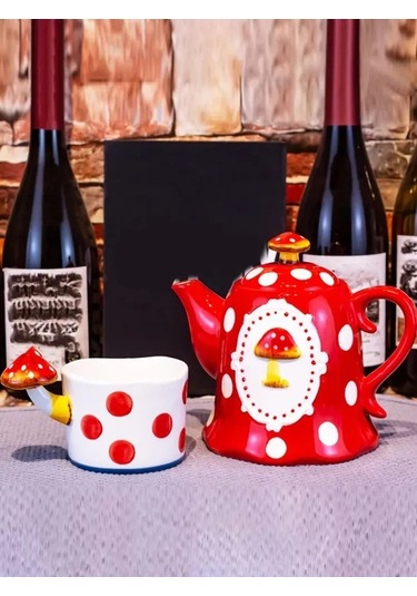 Fortunelane Fırınlanmış Seramik Mantar Desenli Çaydanlık, 0.91l Kapasite, Kapağı İle Ev Ve Misafir İçin Kırmızı Kırmızı