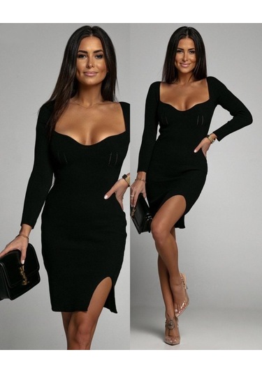 Tua Moda Kadın Uzun Kollu Geniş Yaka Yırtmaç Detay Mini Boy Triko Elbise Siyah