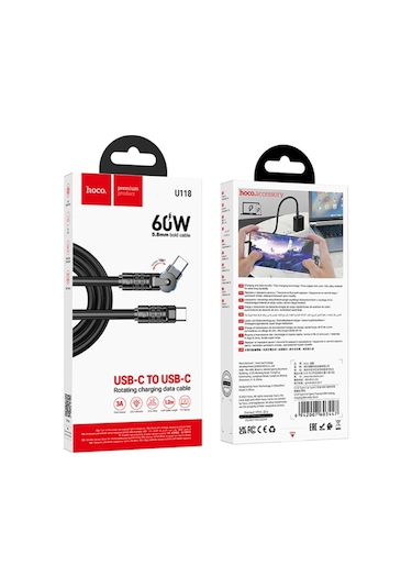 Hoco U118 Döner Başlıklı Type-c To Type-c 60w Hızlı Şarj Ve Veri Kablosu