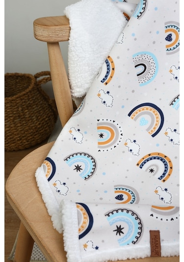 Fluffy Bebek Battaniyesi 80x100 Cm Gök Mavi Kundak Puset Çift Taraflı Koyun Tüyü Battaniye