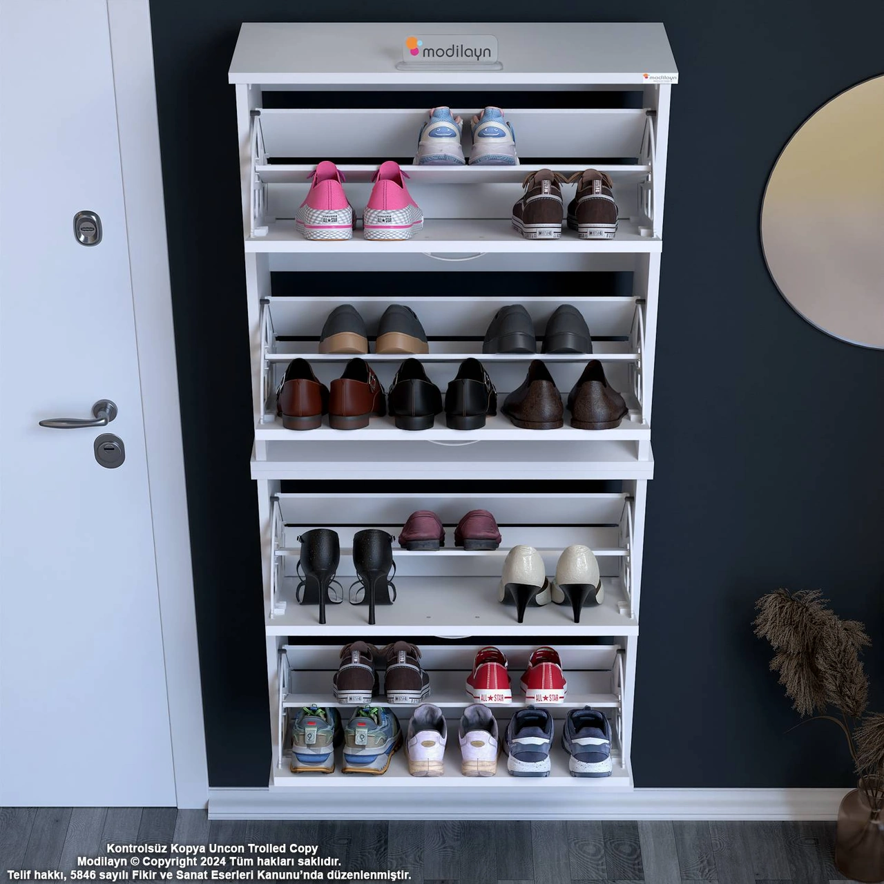 Asaf Beyaz Asma Ayakkabılık Antre Hol 4 Düşer Kapak 8 Göz Bölmeli Ayakkabılık 72x148x25,5 Cm Beyaz